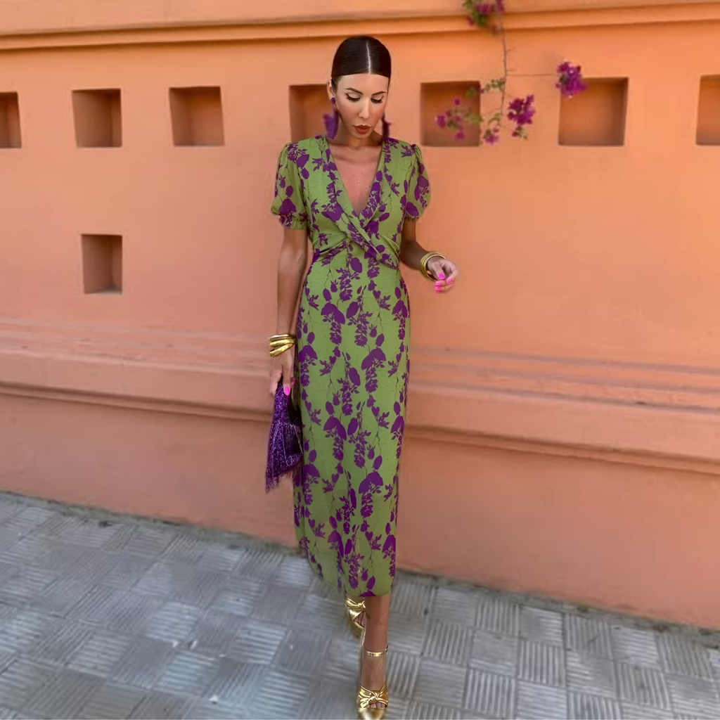 Vestido Midi Floral Cruzado con Manga Abullonada