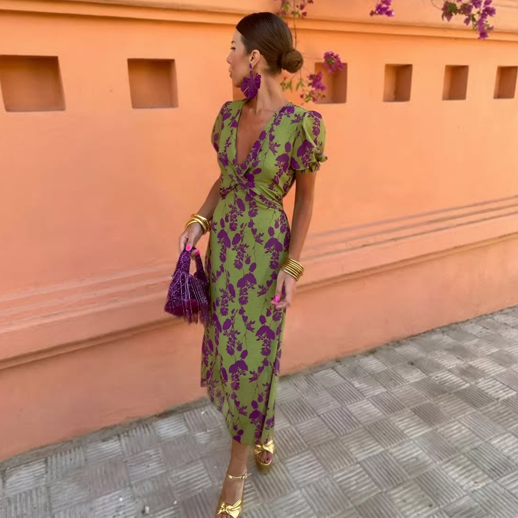 Vestido Midi Floral Cruzado con Manga Abullonada