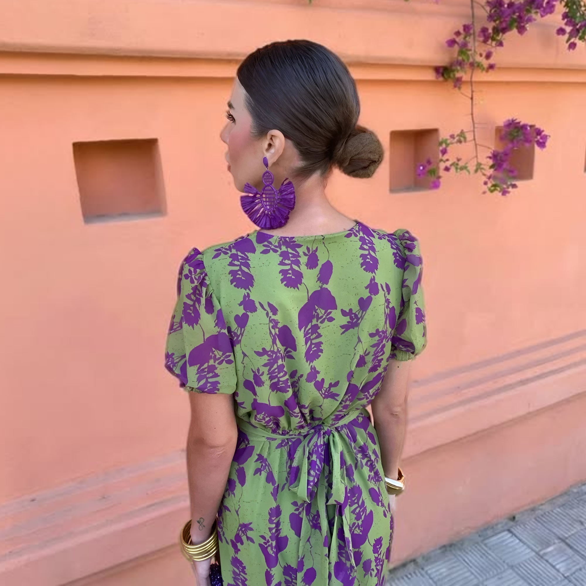 Vestido Midi Floral Cruzado con Manga Abullonada