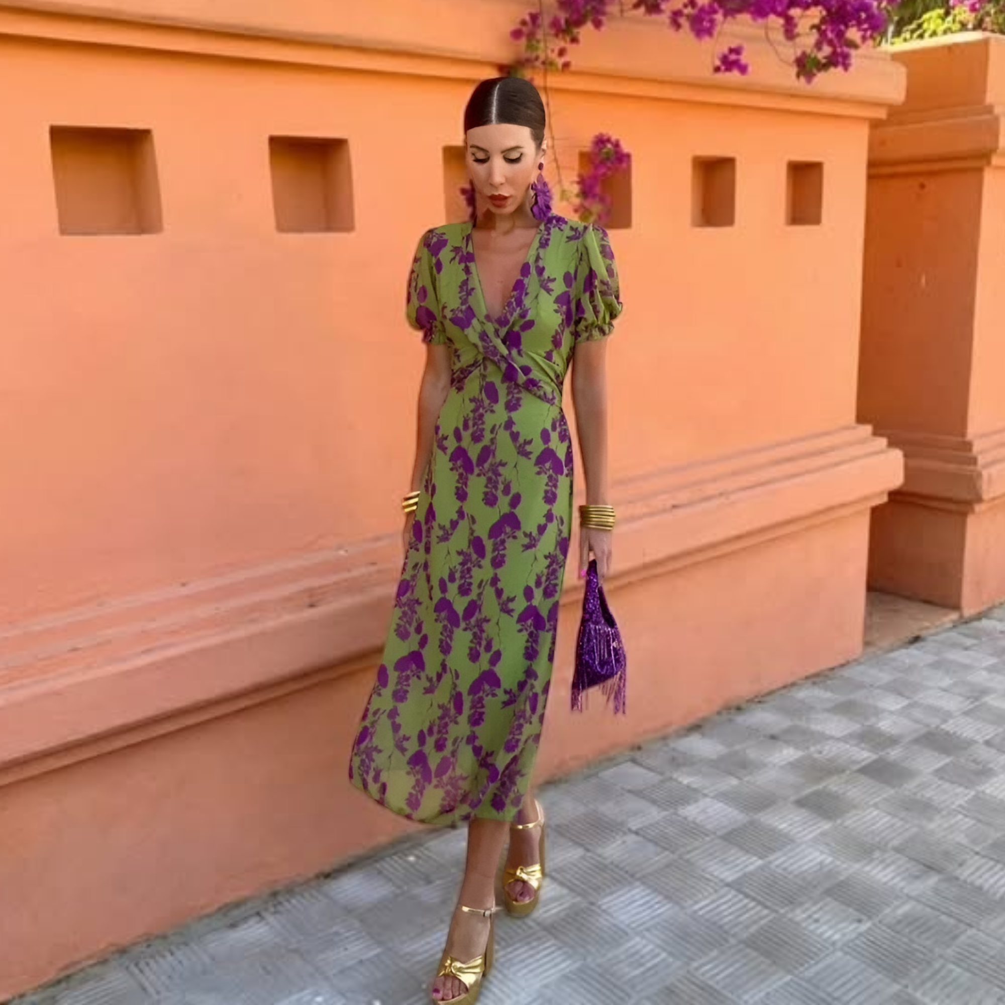 Vestido Midi Floral Cruzado con Manga Abullonada