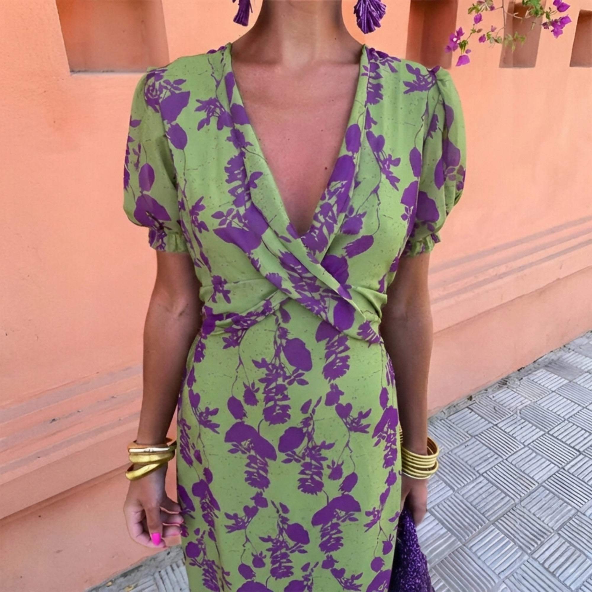 Vestido Midi Floral Cruzado con Manga Abullonada