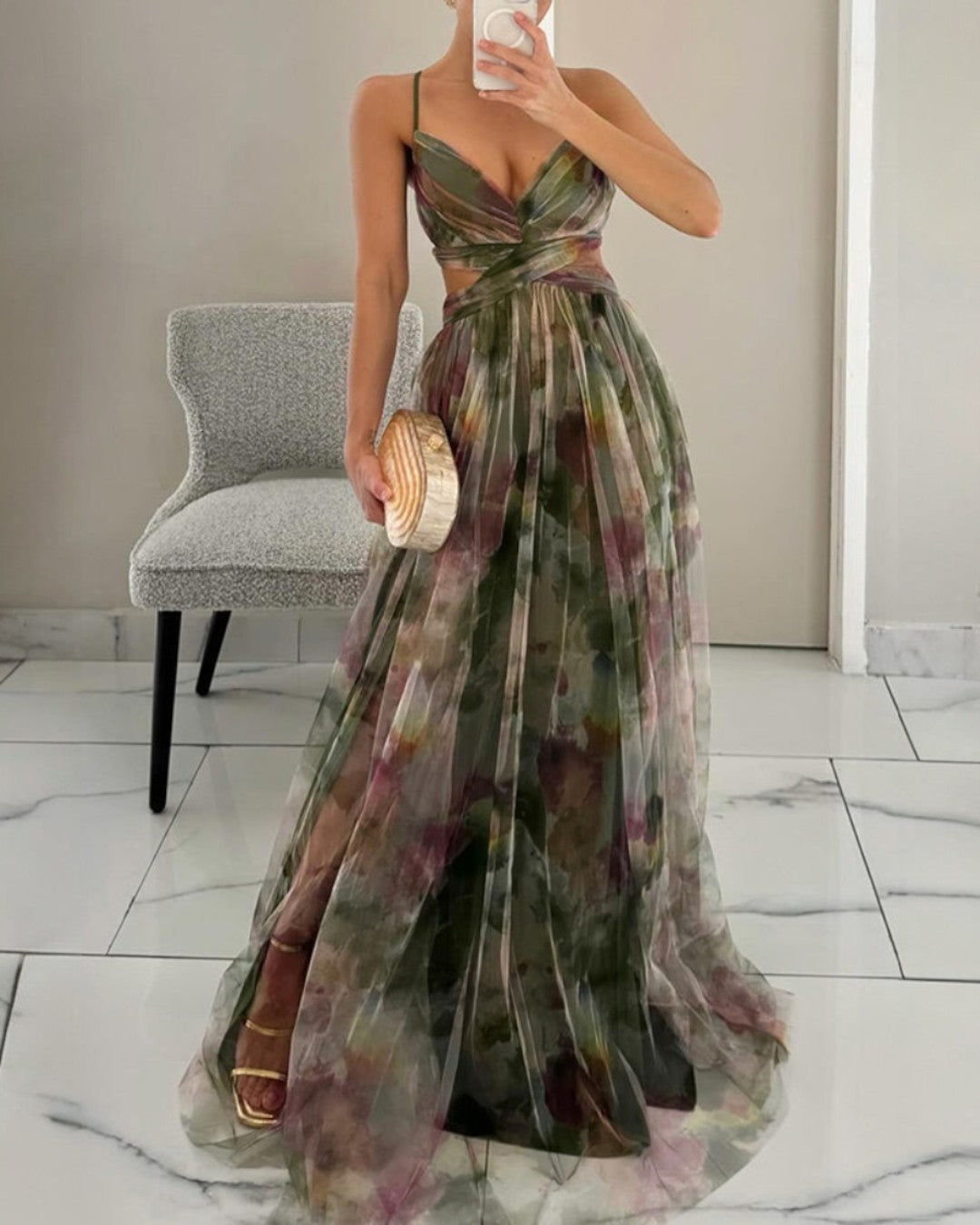 Vestido Largo Floral con Escote en V