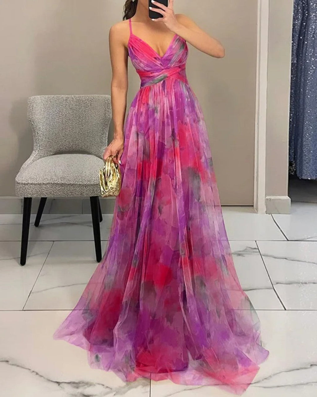Vestido Largo Floral con Escote en V
