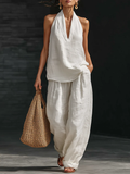 Valeria  • Conjunto de lino con escote en V y pantalón fluido