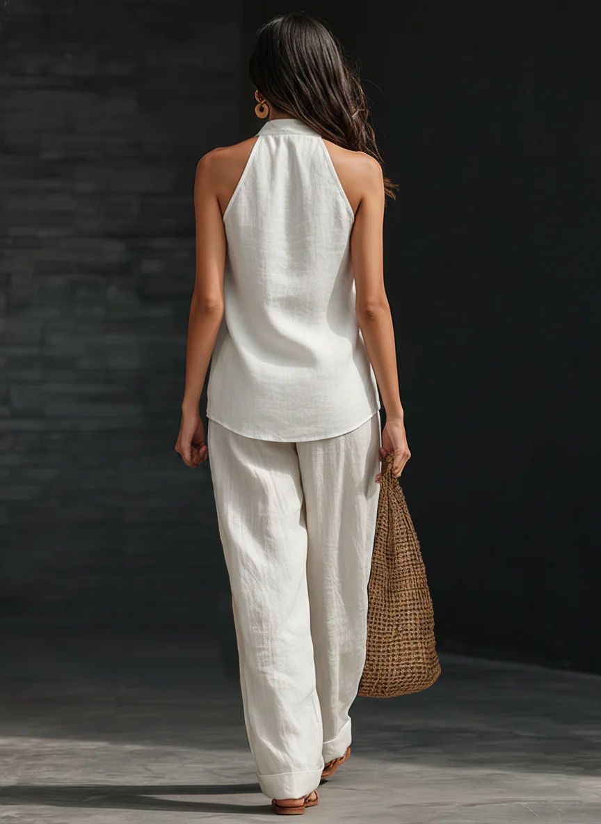 Valeria  • Conjunto de lino con escote en V y pantalón fluido