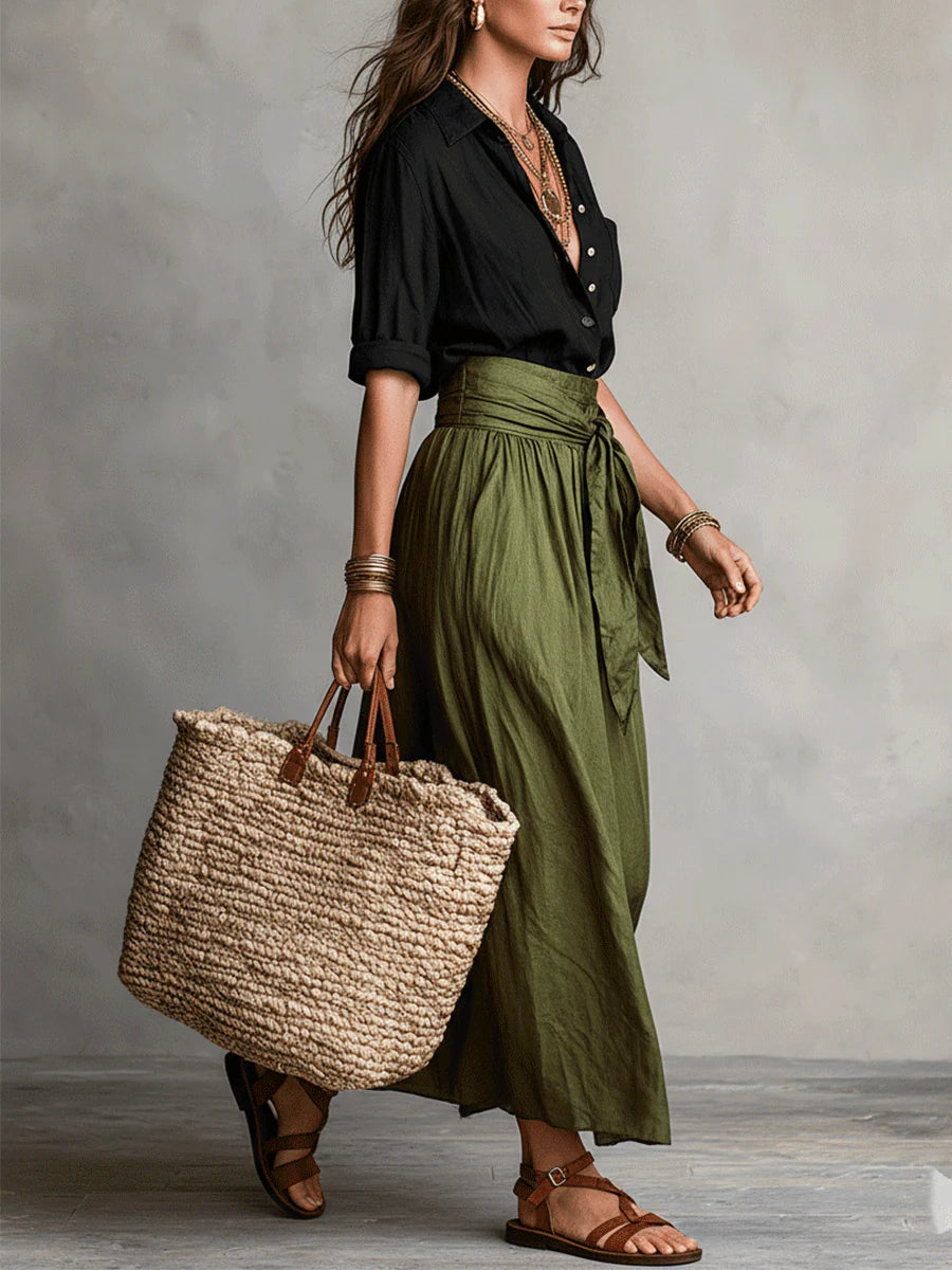 Vera – Conjunto de dos piezas: camiseta negra y falda midi verde oliva